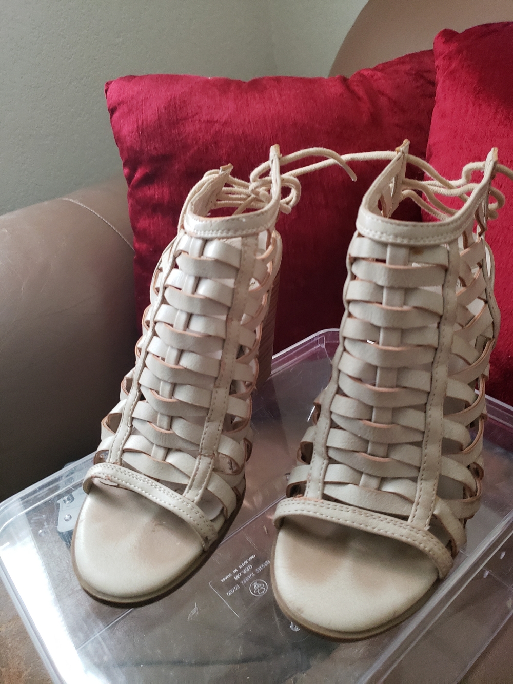 Beige Lace-Up Woven Gladiator Heels - Women's Sandals